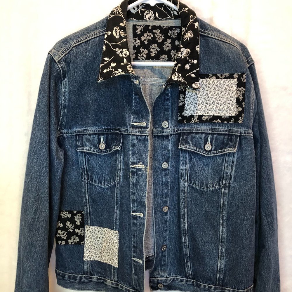 Up Cycled Denim Jacket Custom Patch Work Button Up - image 1